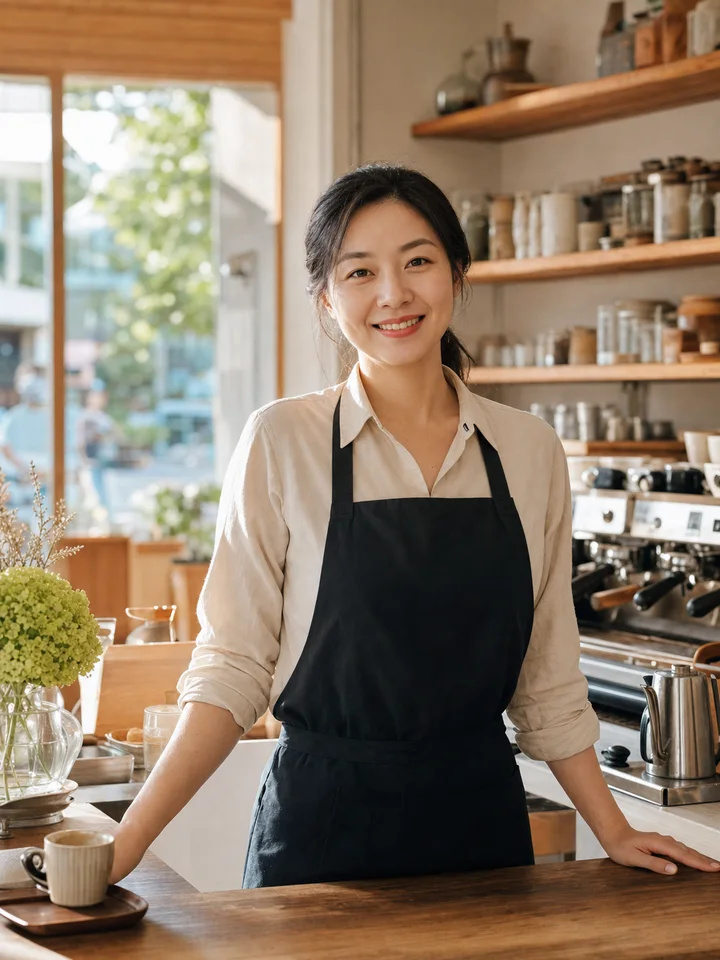 在社区咖啡店吧台后的成年女性店主