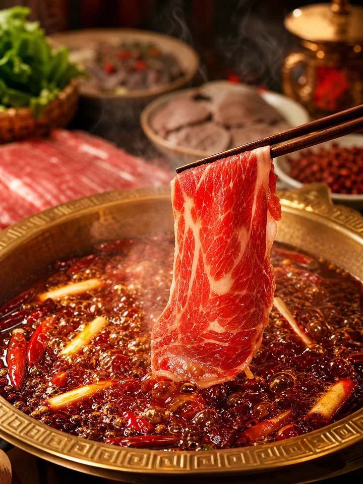 筷子夹起牛肉的四川火锅美食摄影